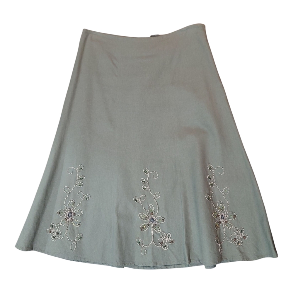 Tailor B. Moss Green A-Line Midi Skirt with Embellishments